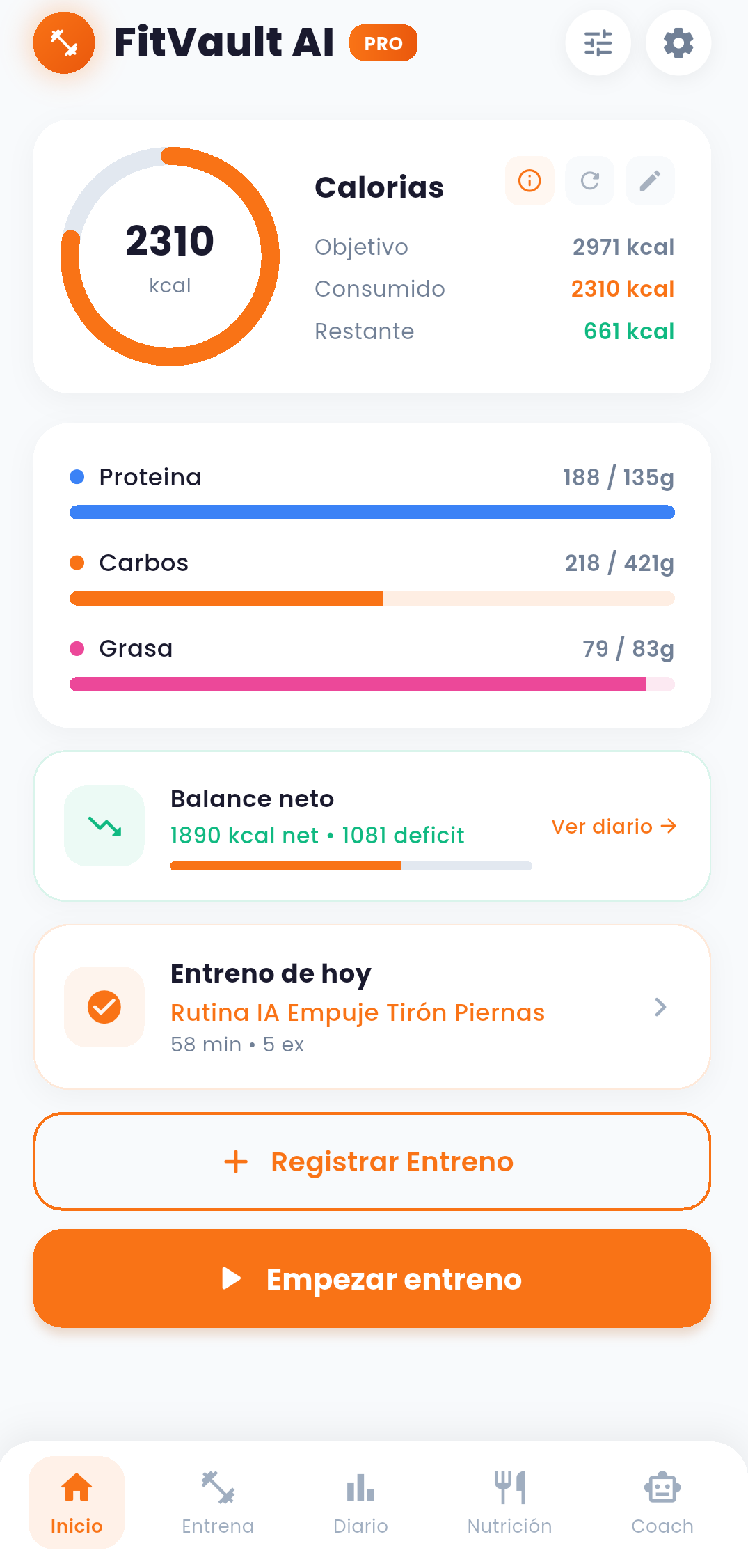 Panel principal — calorias diarias y macros