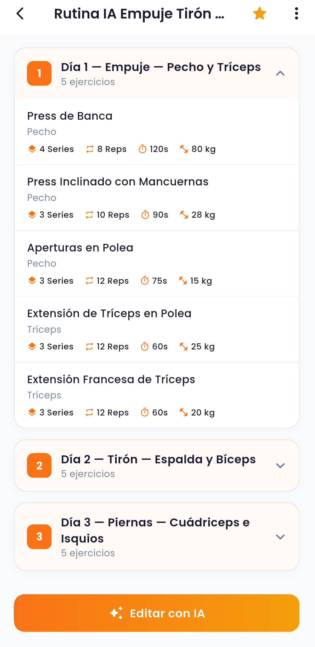 Rutina IA Empuje Tiron — ejercicios con series y peso