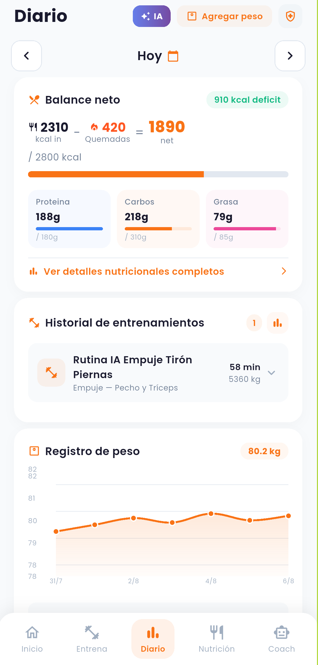 Diario — balance calorico, macros e historial