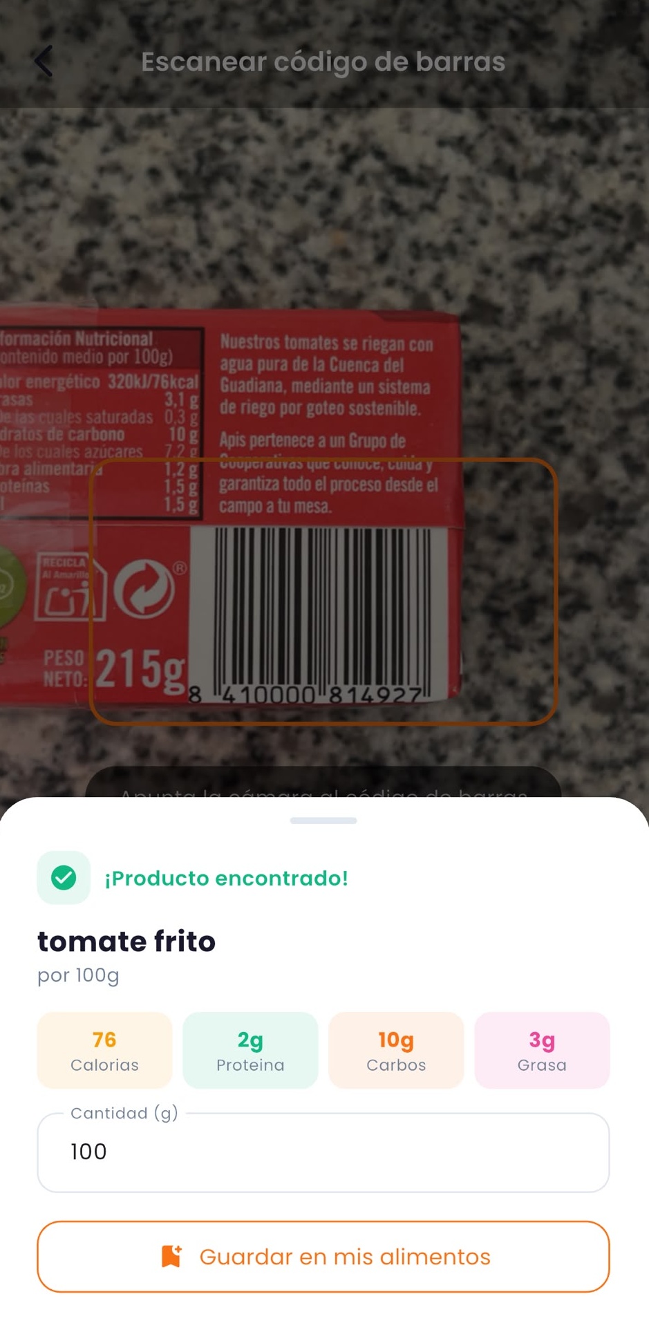 Escaner codigo de barras — producto encontrado al instante