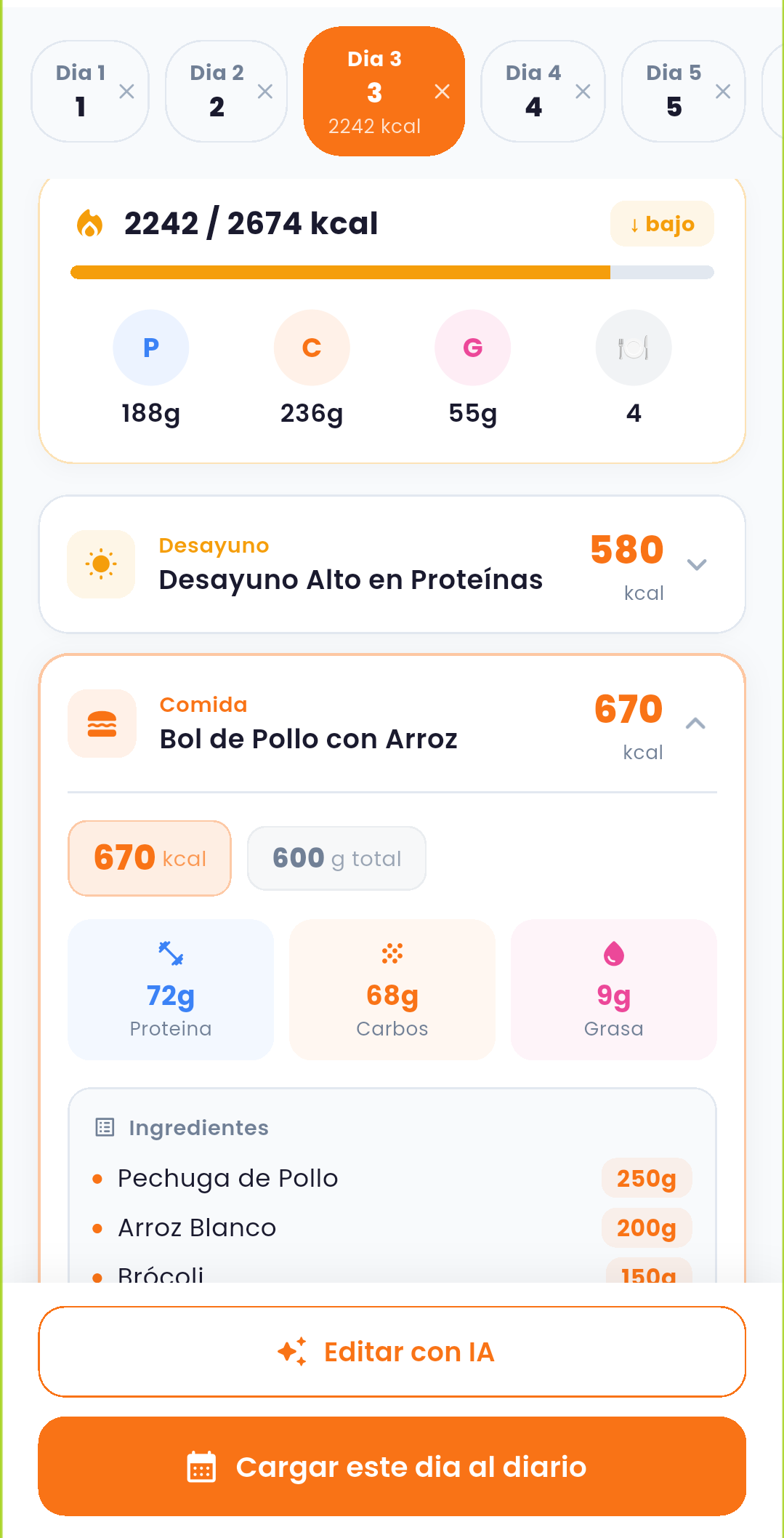 Plan de comidas IA — dia 3 con desayuno y comida