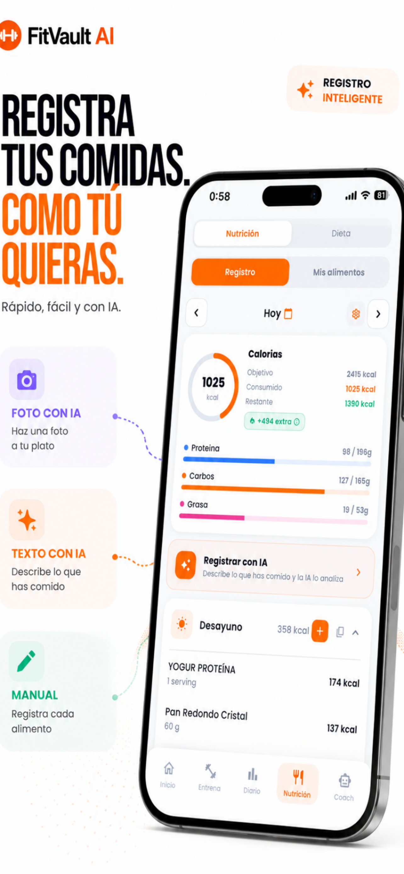 Registra tus comidas con foto IA, texto IA o manual