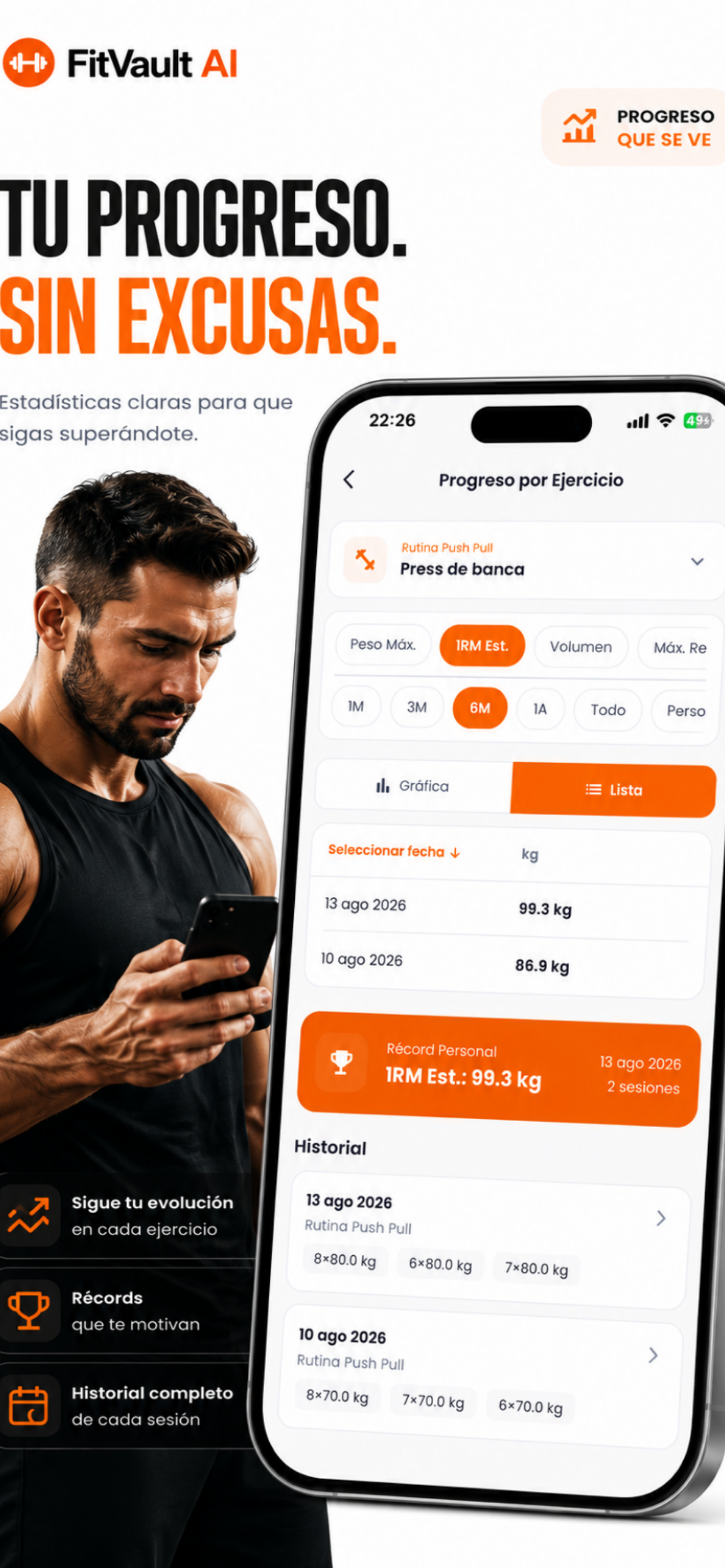 Seguimiento de progreso por ejercicio con records personales