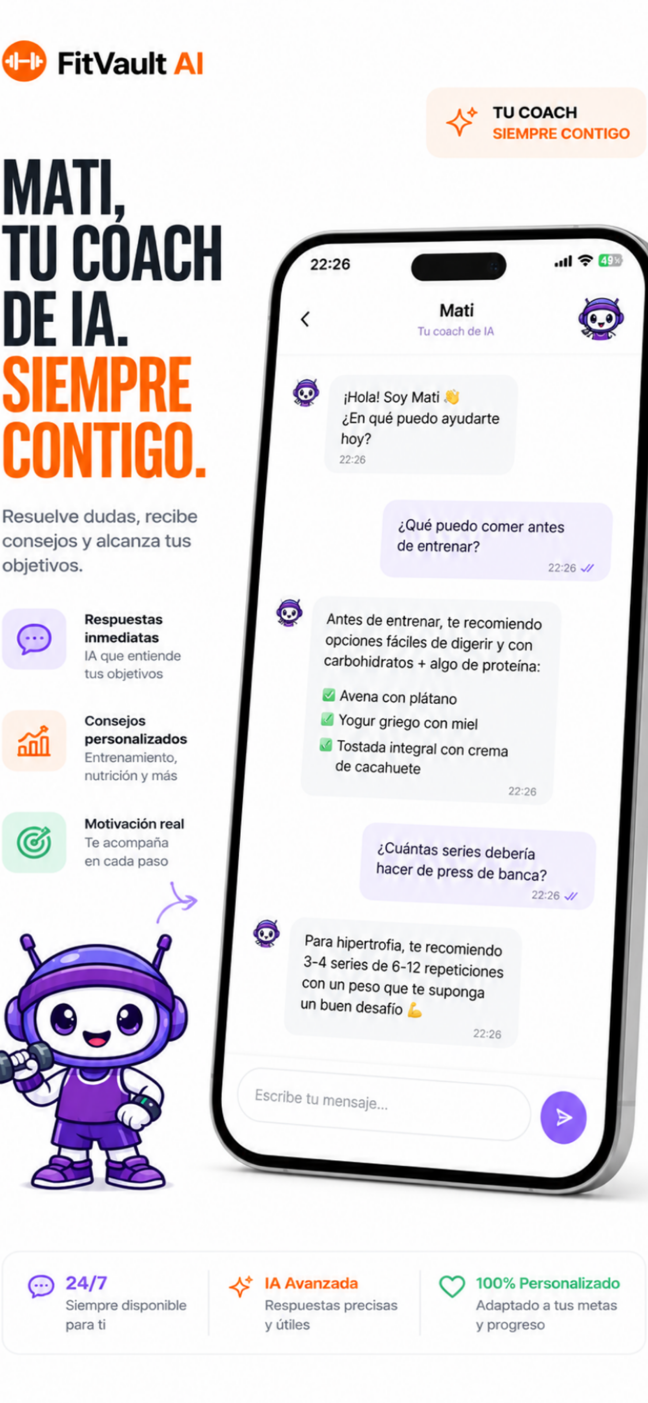 Mati, coach IA de FitVault, respondiendo preguntas de fitness